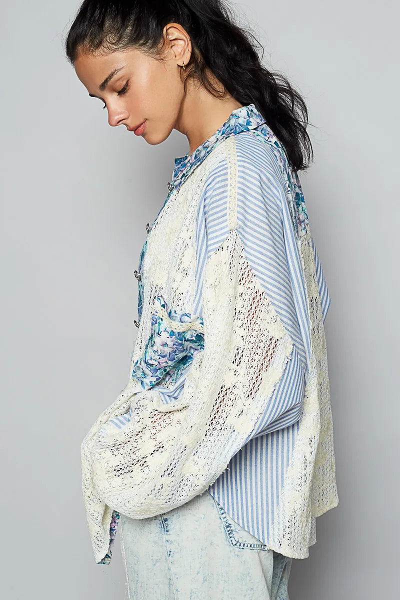 POL Blue Lace Long Sleeve Shirt with Floral and Striped Pattern