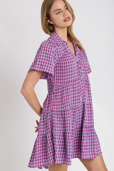 Umgee Red Violet Gingham Tiered Button Detail Short Sleeve Dress