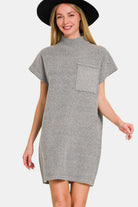 Zenana Grey Mock Neck Short Sleeve Sweater Mini Dress Grey Trendsi