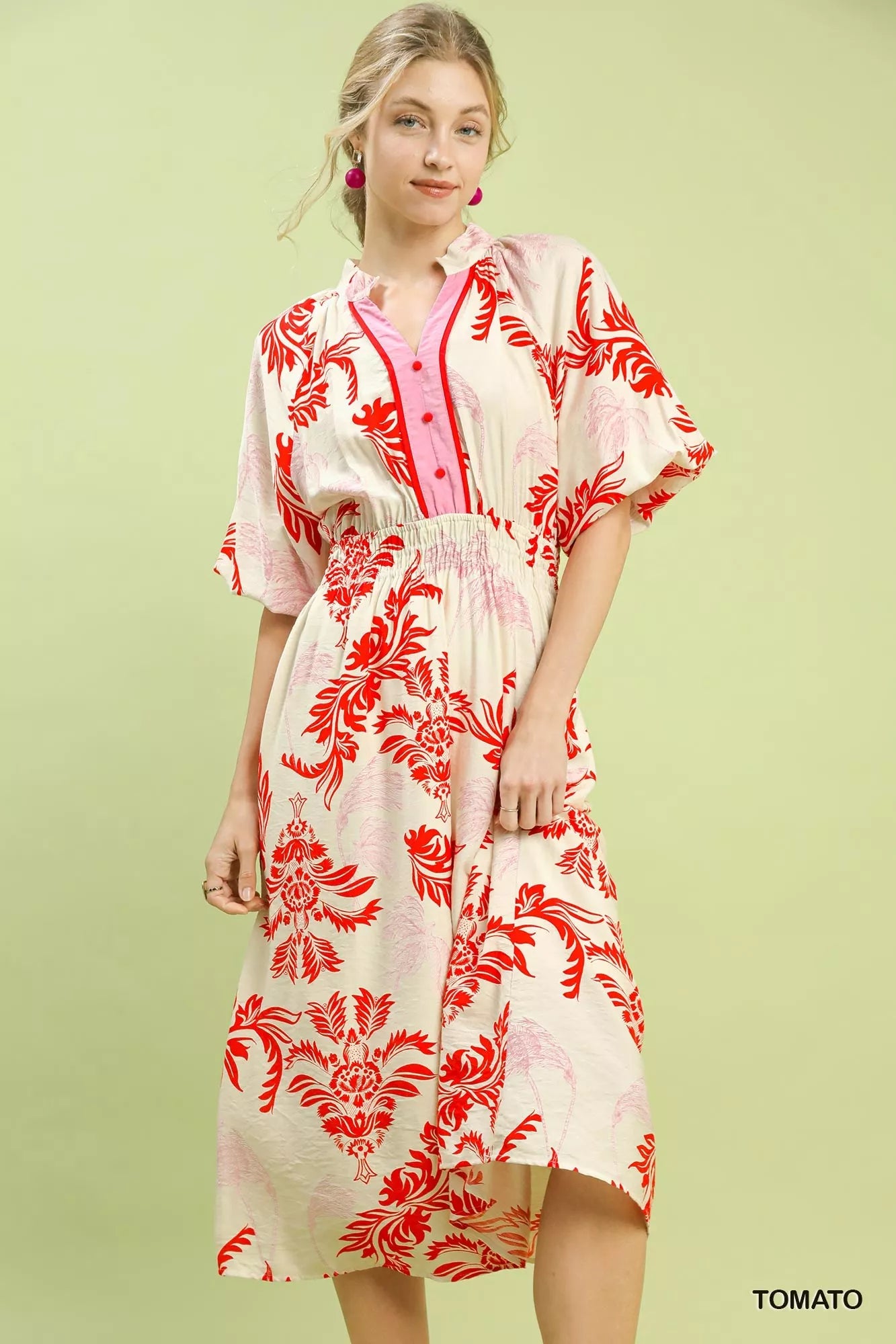 Umgee Tomato Tropical Print Button Detail Midi Dress