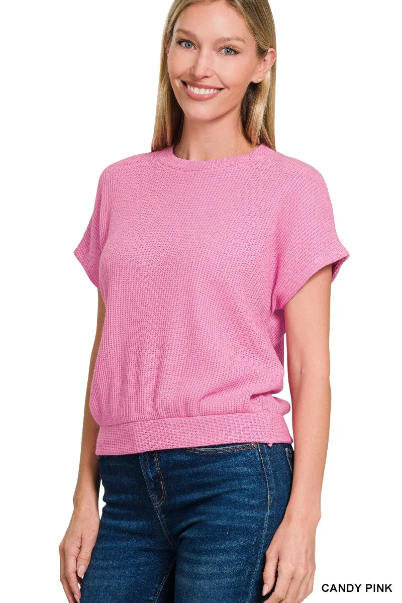 Zenana Round Neck Banded Botton Short Sleeve Sweater CANDY PINK