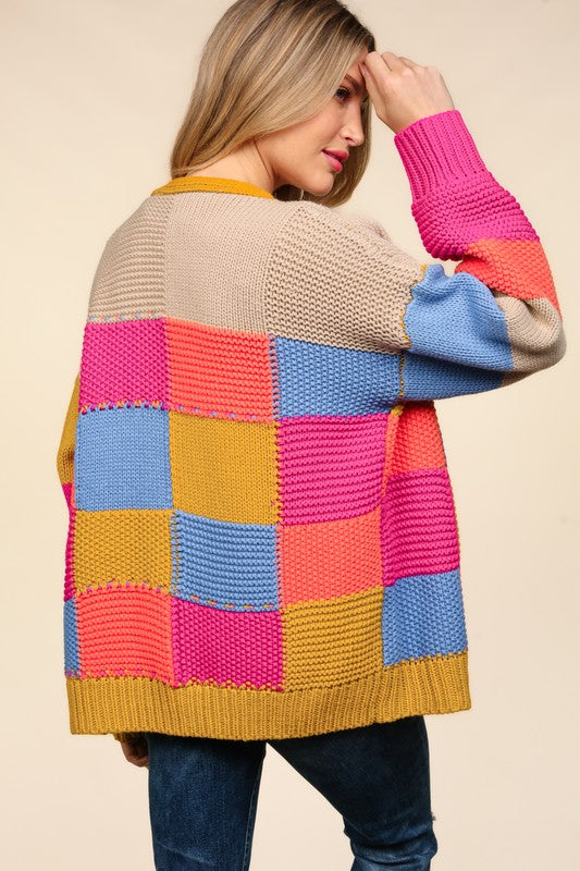 Haptics Multicolor Chunky Knit Color Block Patchwork Cardigan Haptics