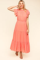 Haptics Peach Tiered Frill Mock Neck Short Sleeve Dress Dresses