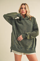 Aemi + Co Deb Army Green Washed Exposed Seam Side Slit Hoodie with Kangaroo Pocket Army Green