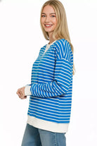 Zenana Ocean Blue Contrast Striped Round Neck Sweatshirt