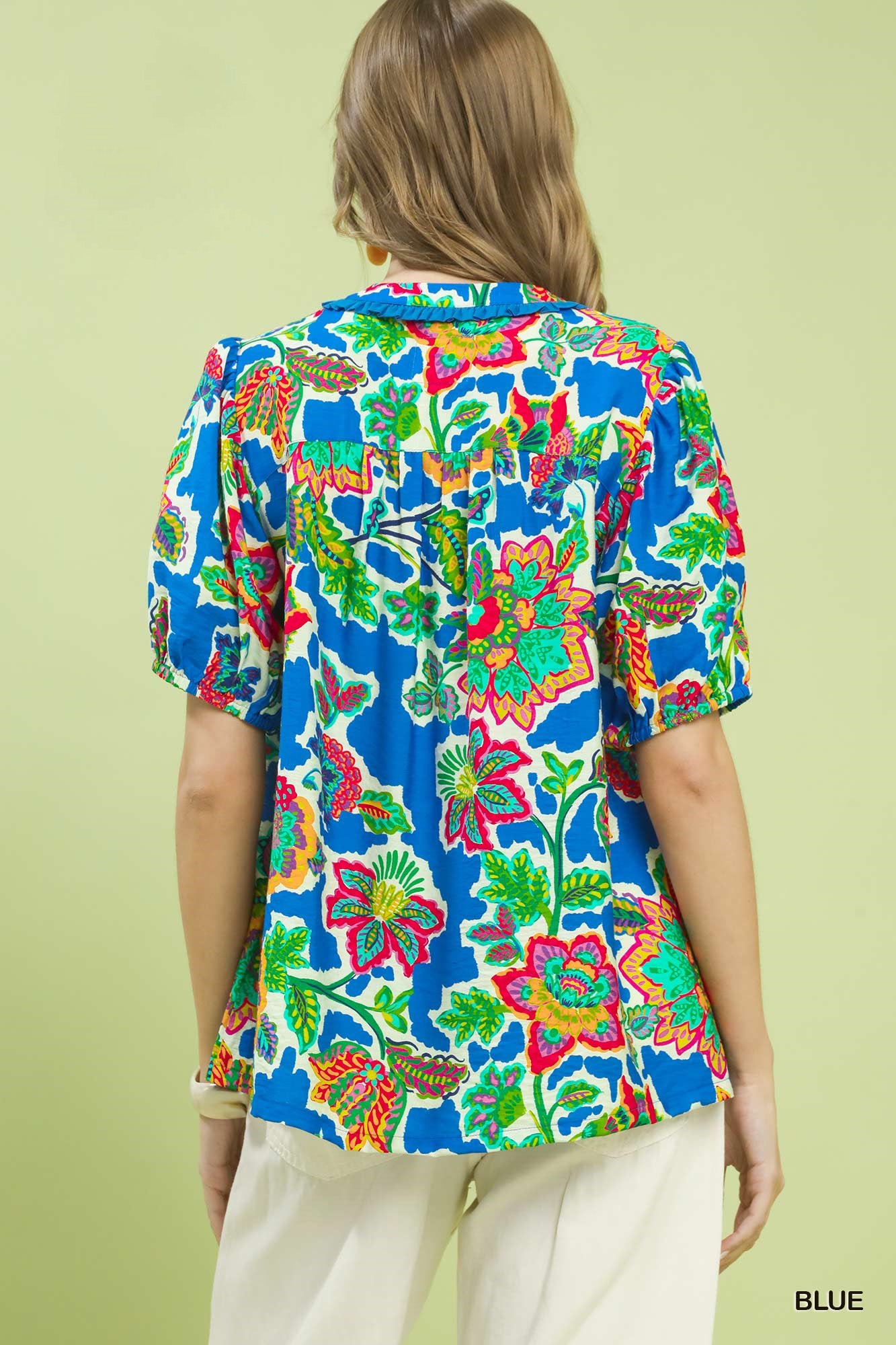 Umgee Blue Floral Contrast-Trim Boho Blouse