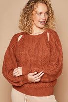 POL Fired Brick Cable Knit Key Hole Cutout Balloon Sleeve Sweater Trendsi