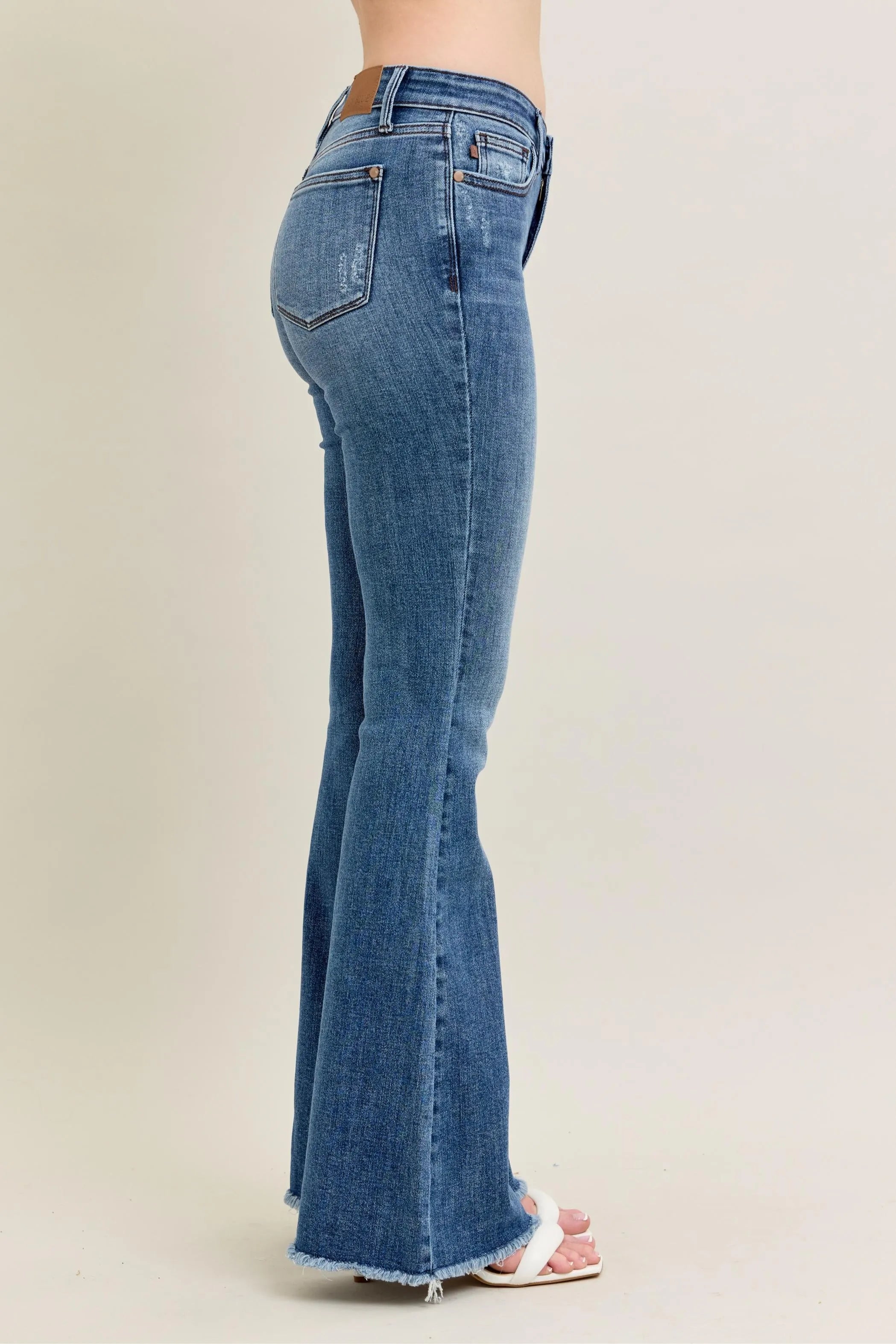 Judy Blue Mid-rise Vintage Wash Flare Jeans W/ Destroyed and Fray Hem