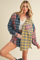 Aemi + Co Frayed Hem Color Block Plaid Drop Shoulder Long Sleeve Blue Pink Yellow