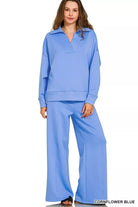 Zenana Cornflower Blue Scuba Collared Pullover and Pants Set CORNFLOWER BLUE