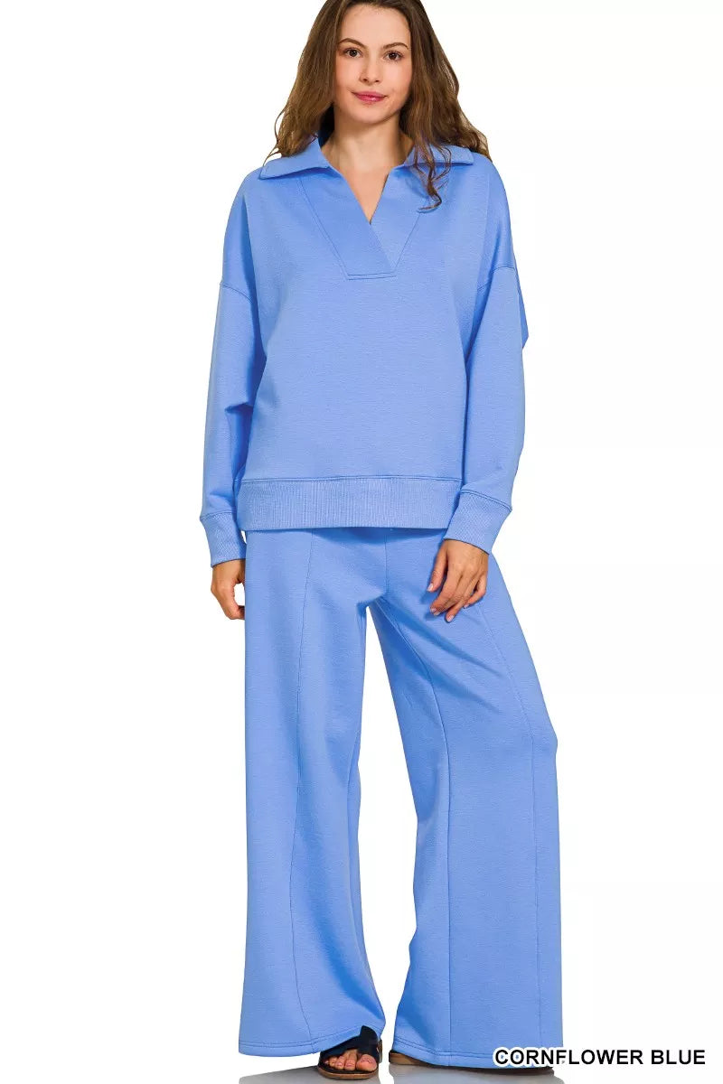 Zenana Cornflower Blue Scuba Collared Pullover and Pants Set CORNFLOWER BLUE