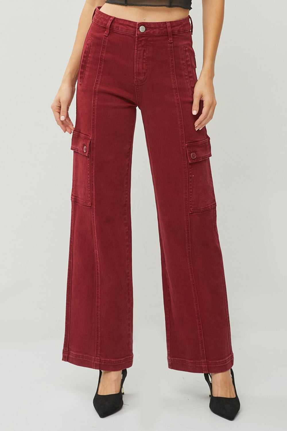 RISEN Wine Colored High Rise Wide Leg Cargo Jeans Wine Trendsi