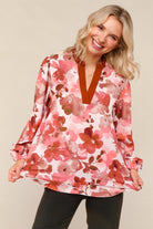 Haptics Rust Mix Frill Neck Floral Print Long Sleeve Blouse