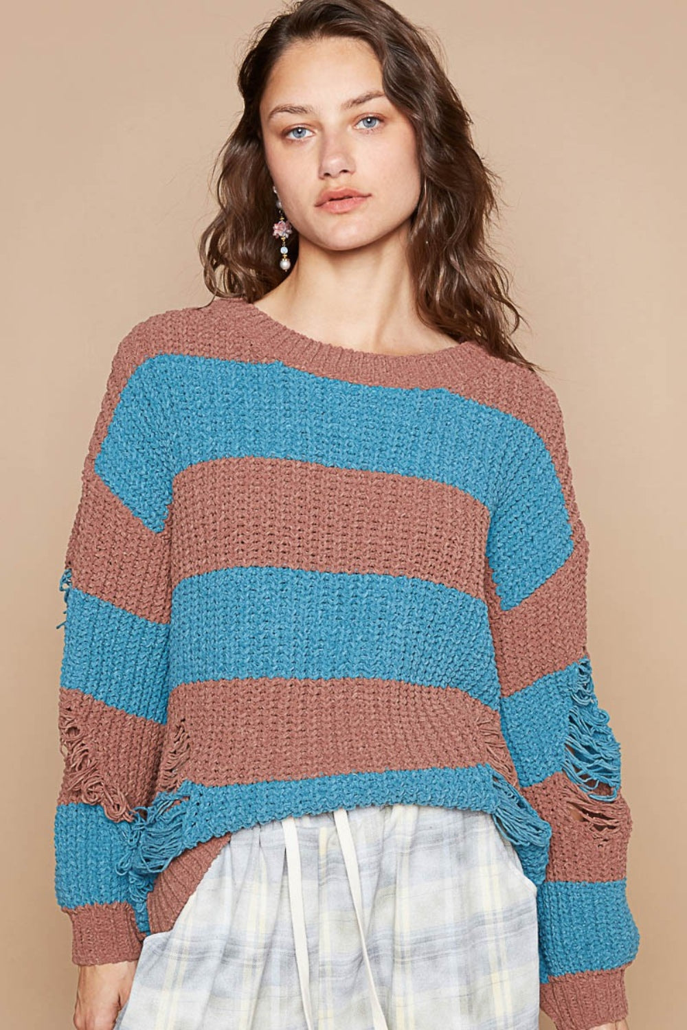 POL Striped Distressed Long Sleeve Sweater Choco Teal Trendsi