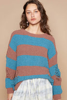 POL Striped Distressed Long Sleeve Sweater Choco Teal Shirts & Tops