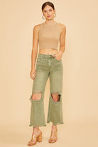 Annie Wear Olive Garment Dyed Distressed Raw Hem Soft Jeans