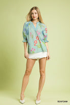 Umgee Sea Foam Floral Split Neck Puff Sleeve Blouse