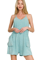 Zenana Dusty Teal Acid Crinkle Washed Spaghetti Strap Romper DUSTY TEAL