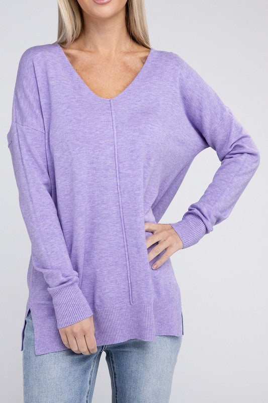 Zenana Garment Dyed Front Seam Side Slit Sweater H LAVENDER ZENANA