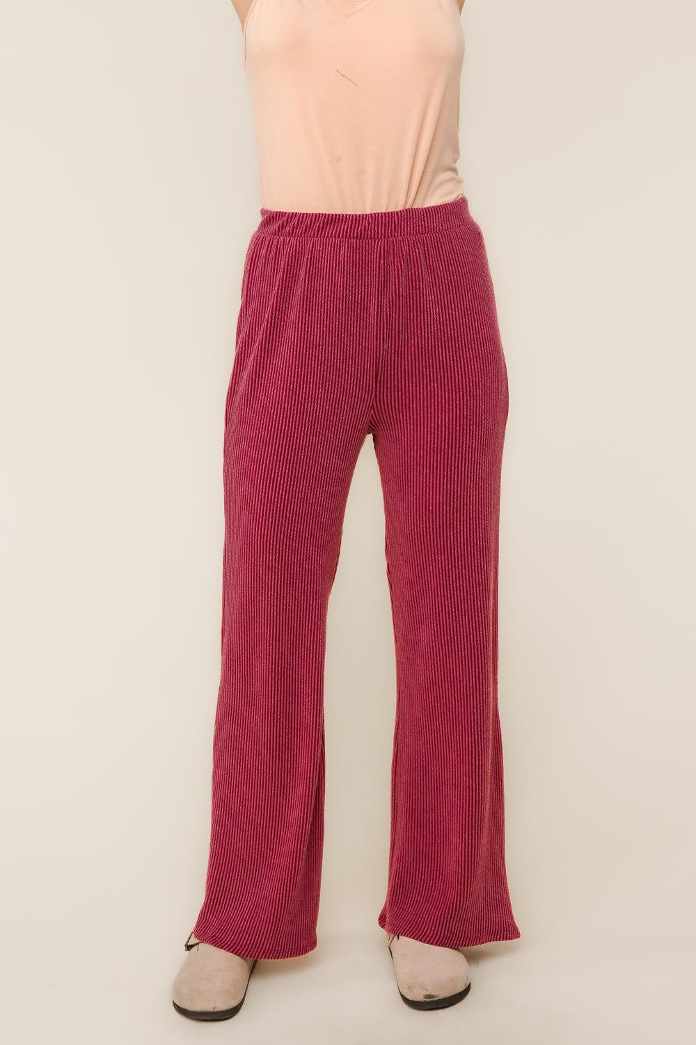 Haptics Solid Wave Rib Knit Lounge Set in Wine