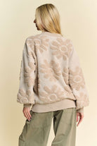 Davi & Dani Beige Flower Textured Round Neck Drop Shoulder Sweater