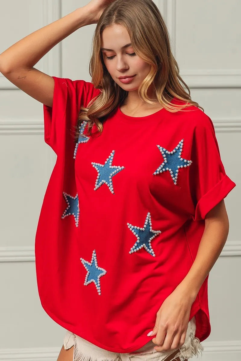 BiBi Red Beaded Stars Appliques Fourth Of July Terry T-Shirt