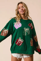 BiBi Green Sequin Christmas Gift Box Embroideries Pullover