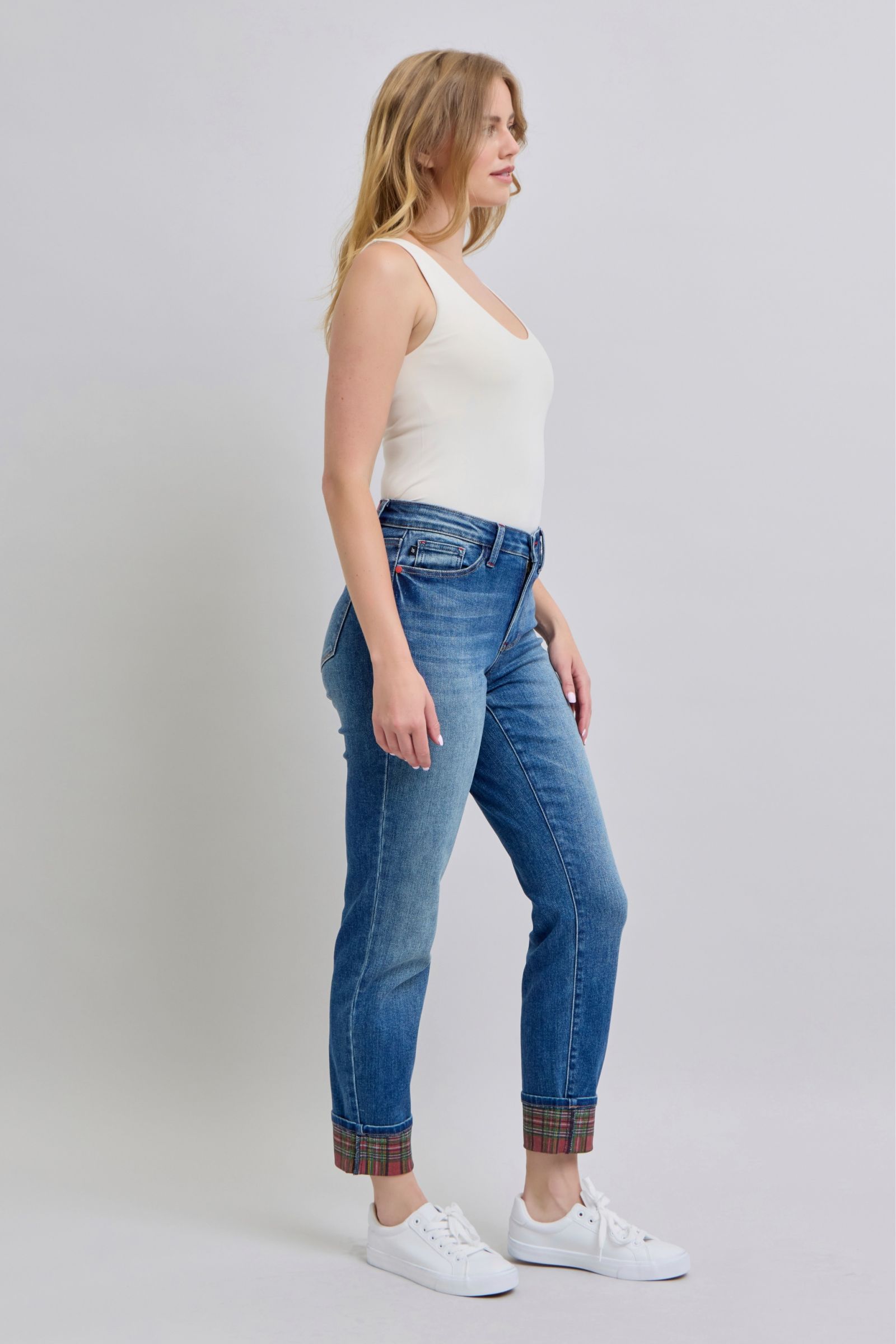 Judy Blue Plaid Print Cuff Straight Leg Mid-rise Boyfriend Jeans Jeans