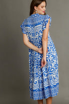 Umgee Blue Two Tone Border Print Ruffle Cap Sleeve Midi Dress