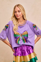 BiBi Lavender Mardi Gras Theme Ribbon Sequin Patched Top