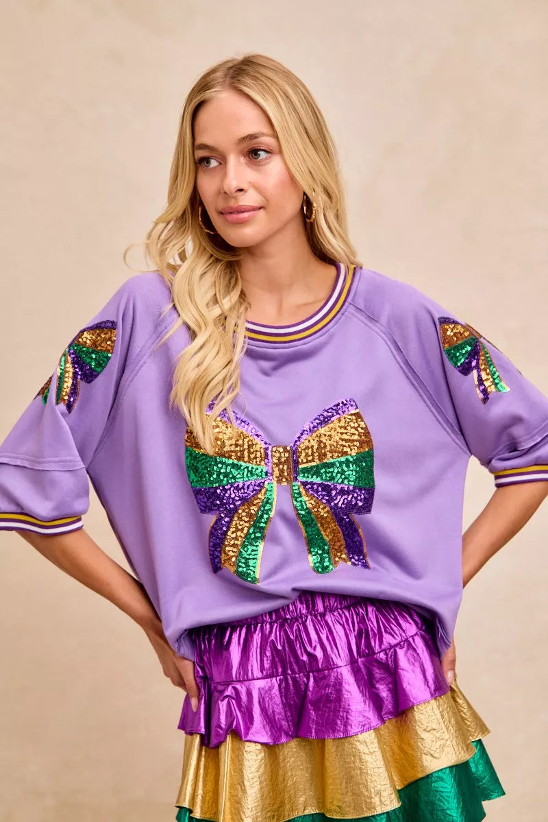 BiBi Lavender Mardi Gras Theme Ribbon Sequin Patched Top