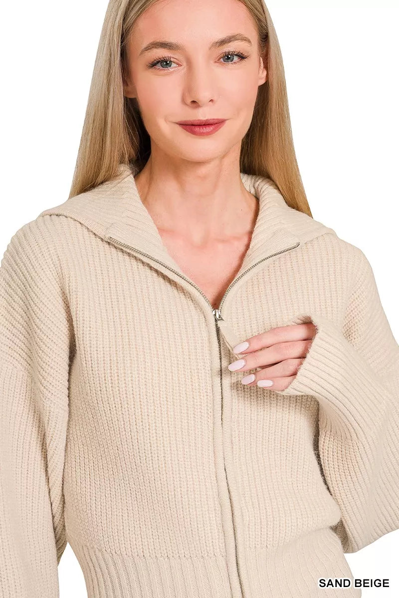 Zenana Sand Beige Ribbed Collared Zip Up Sweater Cardigan