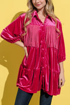 And The Why Magenta Fringe Detailed Velvet Shirt Dress Trendsi