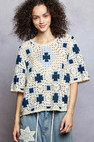 POL Blue Multi Round Neck Short Sleeve Color Pattern Crochet Top with Border Accents