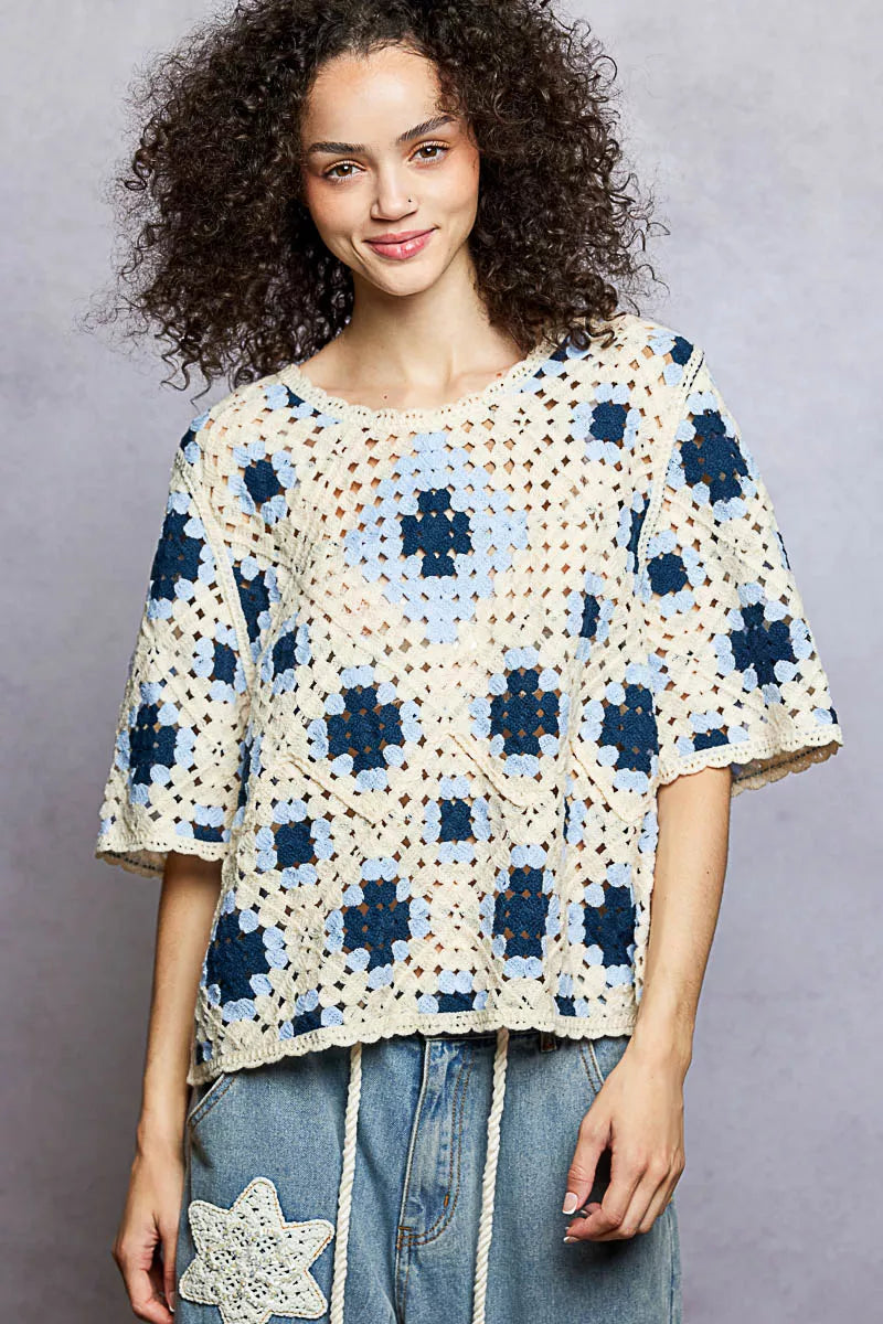 POL Blue Multi Round Neck Short Sleeve Color Pattern Crochet Top with Border Accents