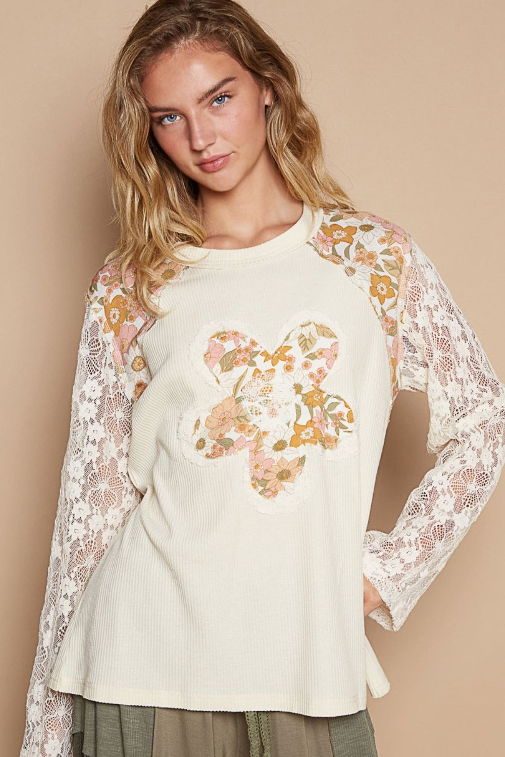 POL Flower Patch Lace Sleeve Knit Top Cream Trendsi