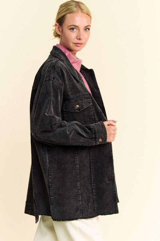 Davi & Dani Black Washed Corduroy Raw Hem Button Up Jacket Coats & Jackets