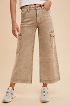 Annie Wear Washed Camel Raw Hem Wide Leg Jeans with Cargo Pockets Camel