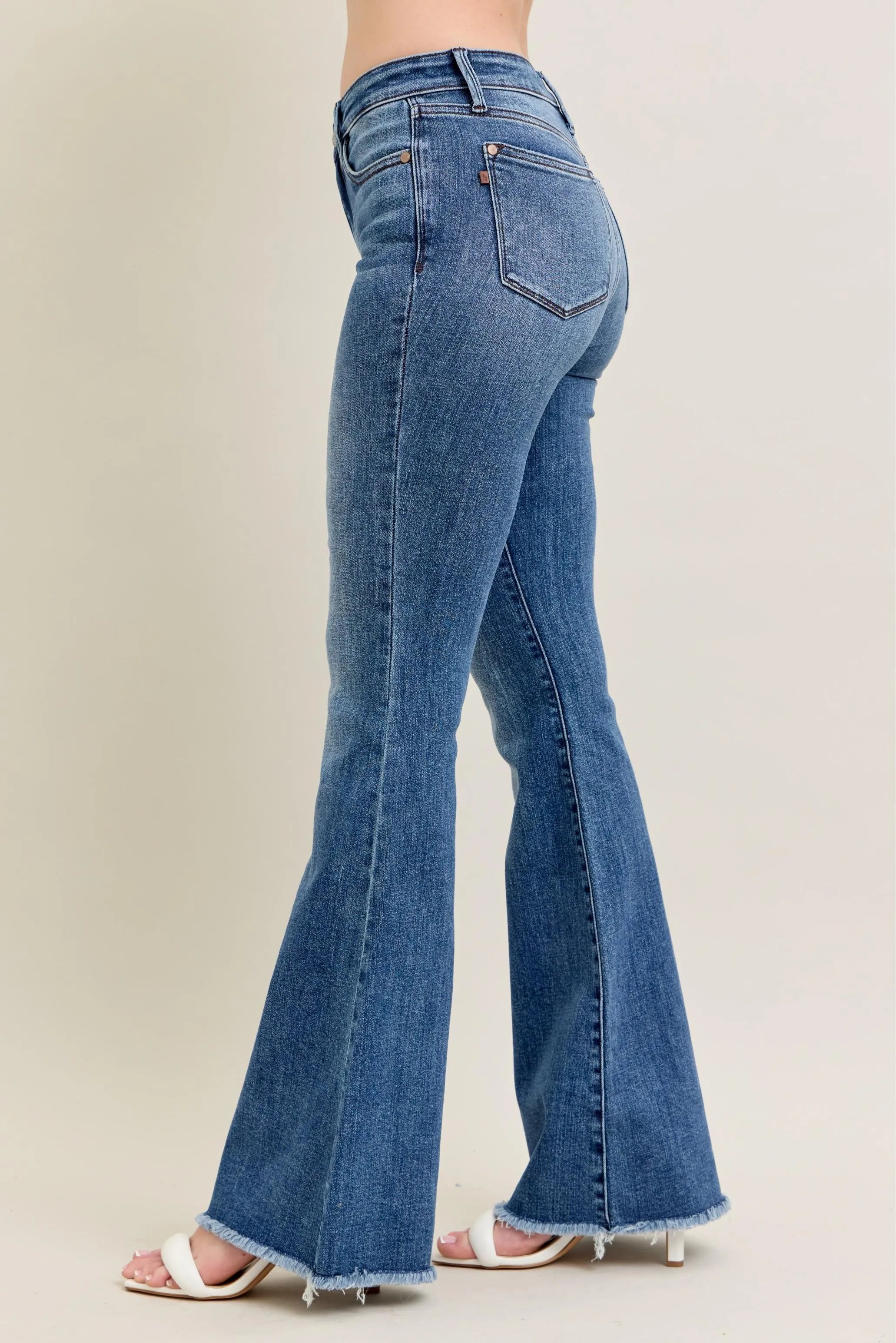 Judy Blue Mid-rise Vintage Wash Flare Jeans W/ Destroyed and Fray Hem