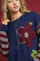 Umgee Navy Flower Jacquard Striped Long Sleeve Sweater