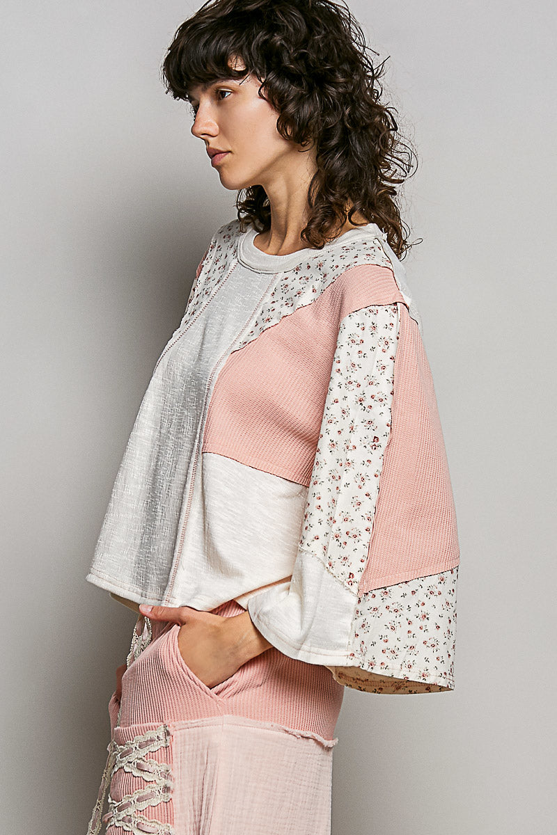 POL Natural Exposed Seam Floral Patchwork Round Neck Textured Slub Knit Top