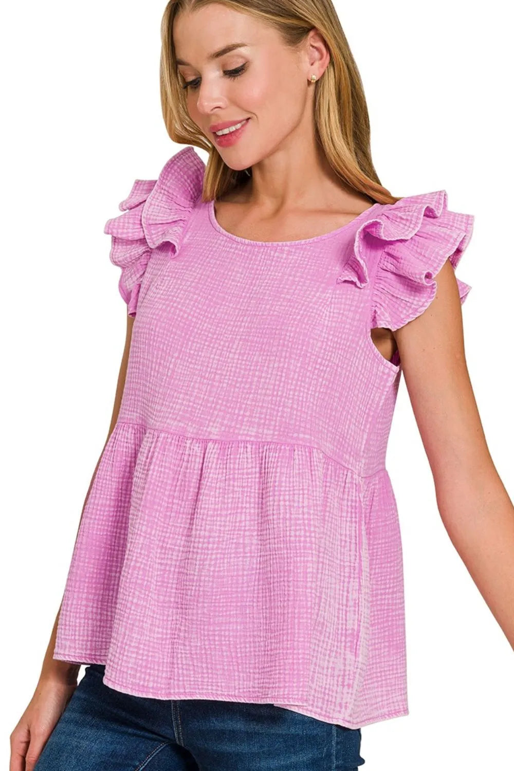 Zenana Mauve Double Gauze Acid Washed Tiered Ruffle Peplum Top