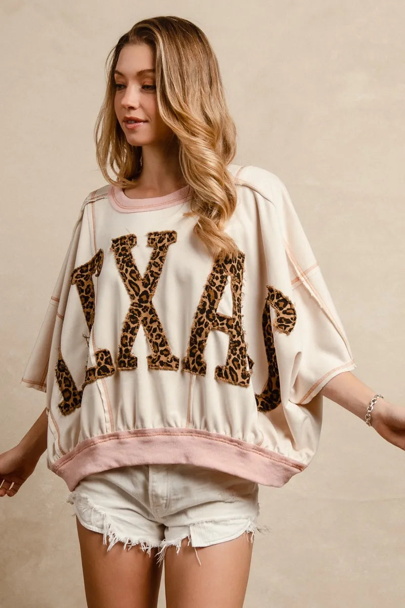 BiBi Oatmeal & Rose Leopard Print Texas Patchwork Overlock Stitch Top