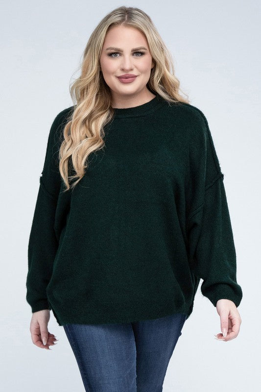 Zenana Plus Oversized Round Neck Raw Seam Melange Sweater ZENANA
