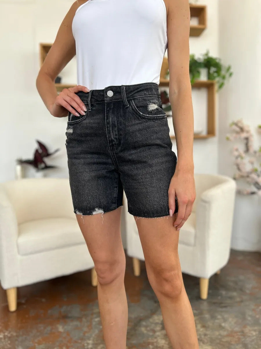 Judy Blue Washed Black High Rigid Front Denim Shorts Trendsi