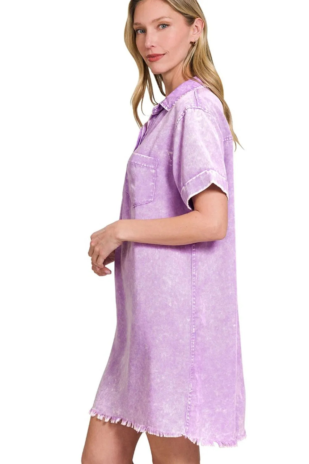 Zenana Bright Lavender Tencel Mineral Washed Collared Shirt Dress