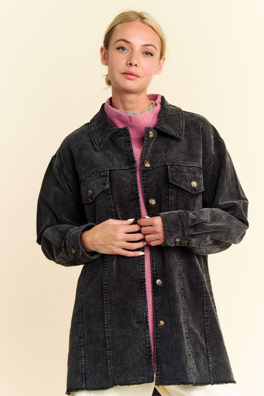 Davi & Dani Black Washed Corduroy Raw Hem Button Up Jacket Black Coats & Jackets