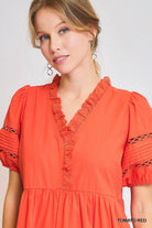 Umgee Tomato Red Short Sleeve Lace-Trim Ruffled Midi Dress