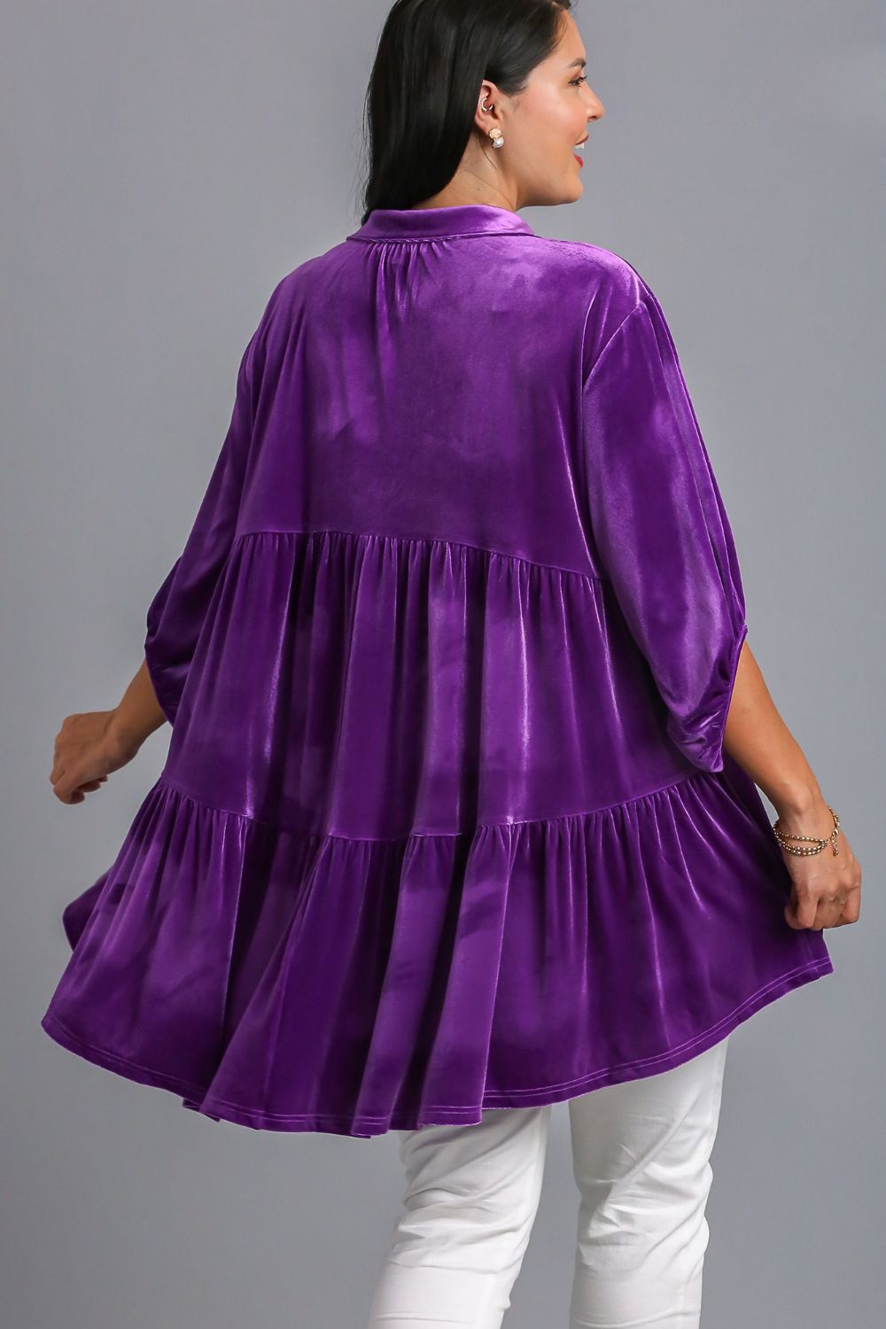 Umgee Violet Velvet Button Down Tiered Back High Low Shirt Shirts & Tops