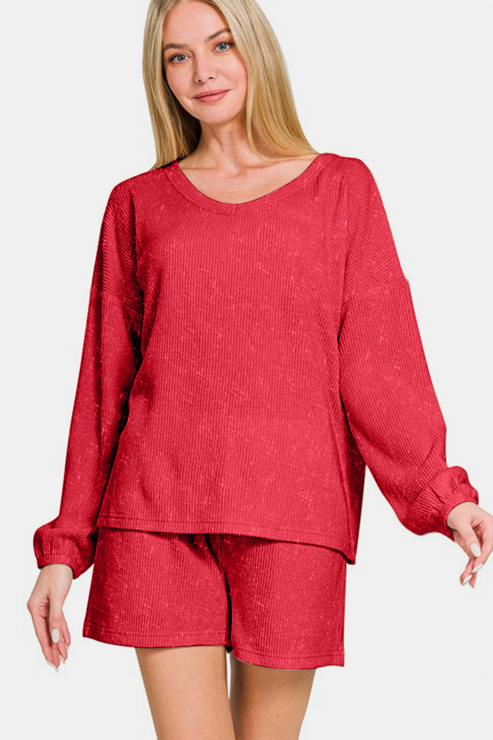 Zenana Deep Red V-Neck Long Sleeve Ribbed Top and Shorts Set Deep Red Loungewear